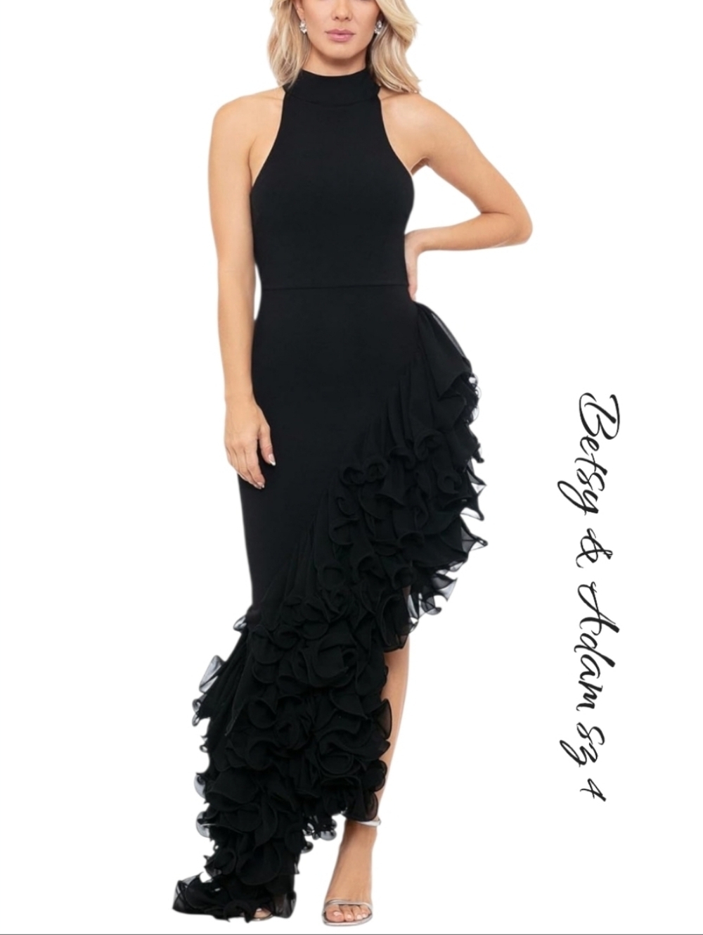 NWT Betsy & Adam MONA Black Ruffle Asymmetric Mock Neck Ponte Gown sz 4